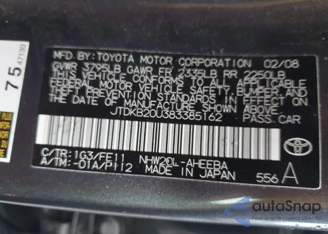 2008 Toyota Prius z USA, uszkodzony, nr VIN JTDKB20U383385162
